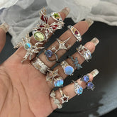Y2K Crystal Rings Kpop Heart Adjustable Ring Irregular Geometry Punk Vintage Rings Set