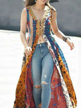 Tank Dress Floral Printing Split Indie Folk Vintage Sleeveless Casual High Street Retro V-Neck Long Dress