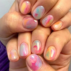 24Pcs Short Square Head Fake Nail Colorful Gradient with Design Simple Full Cover False Nail Wearable Press on Nails Tips