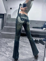 American retro design wing embroidery low waist jeans flared trousers Y2k casual girl pants