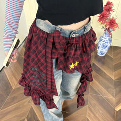 Star Layer Outfits Plaid Skirt Hip-hop Shirt Extender Lace Up Hip Scarf Y2K Korean Style Ruffled Edge Waistband