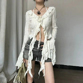 Deeptown Vintage Fairycore Blouses Elegant Flare Sleeve Ruffle Tops Lace Up Shirts Hollow Out Crop Cardigan