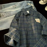 Japanese Vintage Plaid Short Sleeve Shirt Streetwear Loose Fit Casual Stylish Versatile Half Sleeve Underwear
