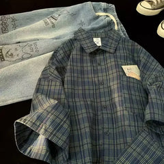 Japanese Vintage Plaid Short Sleeve Shirt Streetwear Loose Fit Casual Stylish Versatile Half Sleeve Underwear