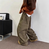 Loose Wide Leg Casual Pants Vintage Japanese Style Plaid Loose Trousers Drapey Floor-Length