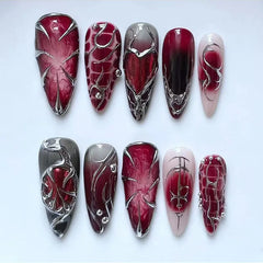 24Pcs Black Y2k Long False Nails with Almond Head Design Cat's Eye Silver Stripe Pattern Press on Fake Nails Wearable Nail Tips
