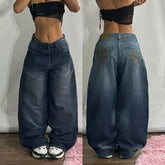 American Geometric Pattern Embroidered Baggy Jeans Y2K Harajuku Vintage Hip-hop Casual Wide-leg Pants