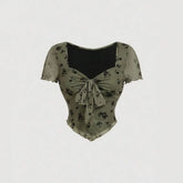 Vintage Green Floral Velvet Print Slim Fit Mesh Crop Top Short Sleeve Square Neck Lace-up Casual Floral T-Shirt