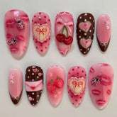 24pcs Sweet Letter Press On Nails Cute Cherry Bowknots Ladybug Strawberry Decor False Nails Blush Pink Almond Fake Nail