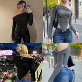 T-shirt Black Skew Collar Tees Long Sleeves Asymmetrical Lady Elegant Versatile Clothing