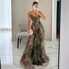 Hollow Out Party Dress, Loungewear Printing Maxi Dress, Sleeveless Lace-Up Ladies Dress Vestido