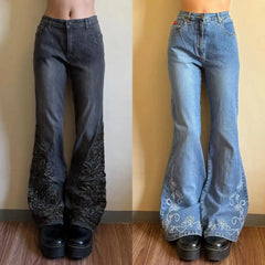 Solid Color Washed Geometry Floral Embroidery Element Baggy Wide-leg Jeans Commute Korean Style Straight-leg Jeans