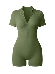 Textured Short Sleeve Zip Front Athletic Yoga Bodysuit Bodybuilding Slimming One Piece Hip Lifting