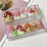 Y2K Retro Handmade Duck False Nails Nude Pink French Tips with Handcrafted Mushroom Aurora Butterfly Pearl Design Fake Nail