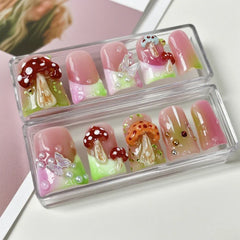 Y2K Retro Handmade Duck False Nails Nude Pink French Tips with Handcrafted Mushroom Aurora Butterfly Pearl Design Fake Nail