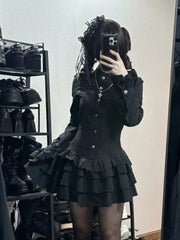 Vintage Gothic Style Lace Up Dress Design High Street Black Lolita Slim Dresses Y2k Lace Long Sleeve Clothing
