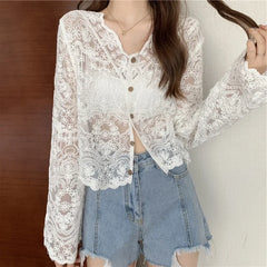 Vintage Lace Blouses See Through Sheer Long Sleeve Sun Shirts Korean Style Casual Sun Protection Ladies Tops
