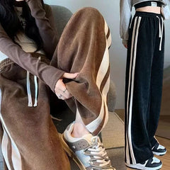 High Waist Thickened Fleece Lined Corduroy Pants Casual Straight Leg Trousers Color Block Stripe Design Trendy Long Pant