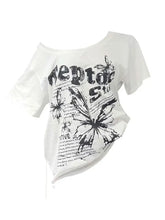White 100% Cotton Y2k Vintage Oversize Off shoulder Short sleeve T shirt With Print Casual Top Butterfly Tees