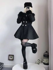 Japanese Slim Bow Long Sleeve Coat Elegant Fur Collar Lace Overcoat Design Chic Sweet Woolen Cloth Coat
