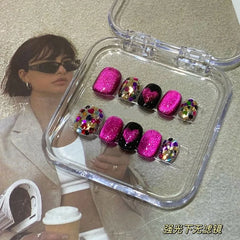 10pcs Handmade press on Nails Dragon Fruit Crystal Cat's Eye Glittering Heart Fake Nail