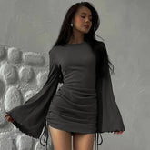 Mini Dress Flare Long Sleeve Drawstring Pleated Bodycon Casual Solid Streetwear Short Dresses