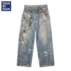 3D Chain Old Jeans American Tie-Dye Splash-Ink Hip Hop Pants High Street Y2K Punk Graffiti Hip Hop Couple Straight Pants