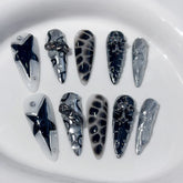 Handmade Press on Nails Punk Cool Black Star Crocodile pattern False Nails Heavy Metal European Black Almond Fake Nail Patches