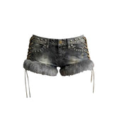 Y2k Spice Girl Washed Retro Fluff Splicing Rivet Denim Shorts Low Waist Wide Leg Pants