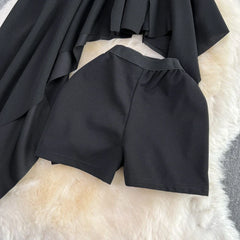 2pcs Sets Outfits Strapless Irregular Skinny A-line Dresses+elastic High Waist Solid Wide-leg Shorts Femme Suits