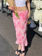 Floral Long Skirts Low Waist Chiffon Flowy Straight Skirt Fall Bohemian Casual Retro Skirts