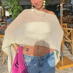 Combhasaki Knitwear Bikini Cover-up See-through Solid Off Shoulder Irregular Triangle Hem Loose Pullover Beach Tops