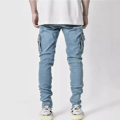 Street Elastic Denim Jeans Wash Solid Color Multi Pockets Cargo Pants Casual Slim Fit Daily Wear Joggers Mid Waist Trousers