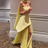 Combhasaki Elegant Strapless Sheer Ruffle Hem Patchwork Backless High Split A-line Party Tube Long Dress with Scarf
