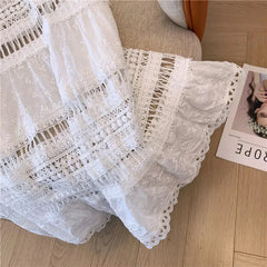 Embroidery Eyelet Cut-out Maxi Skirt White Cotton Semi Sheer Flowy Long Skirt Boho Vacation Fairycore Outfit