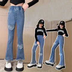 Teenage Girls Jeans Bead Lace Denim Girl Trousers Children's Stretch Waist Solid Pants Casual Bell-bottoms