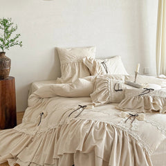 Double-layered Ruffles Lace Bow Princess Bedding Set Cotton Linen Blend Duvet Cover Set Flat/Fitted Bed Sheet Pillowcases 4Pcs