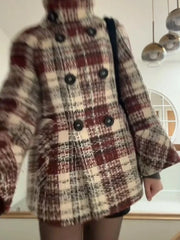 Warm Checkered Turtleneck Shoulder Straight Coat Double Breasted Full Sleeve Middle Long Coat Lady Chic Coat