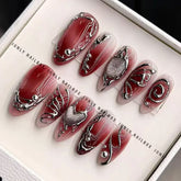 Red Y2K Wearable Nail Art Chic Silver Butterfly Love Metal Bead Almond False Nails Detachable Finished Fake Nails Press on Nails