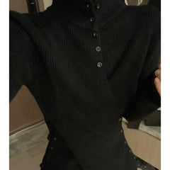 Deeptown Harajuku Black Turtleneck Sweaters Criss Cross Irregular Korean Button Knit Pullovers Slim Warm Aesthetic