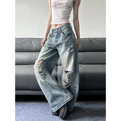 High Waist Ripped Blue Jeans American Vintage Streetwear Y2K Wide Leg Jean 2000s Trouser Baggy Denim Pants