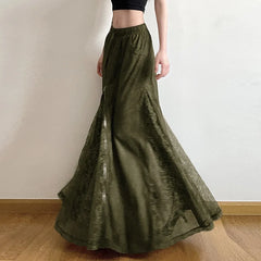 Vintage Suede Nap Lace Patchwork Hem Zip Long Skirt Cyber Y2K Chic Drawstring Pocket A-line Skirts Lady Grunge Streetwear