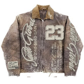 American Retro Washed Brown Jacket Y2K Clothes Letter Patch Embroidery Sequins Rhinestones Design Oversized Coats Casual Top