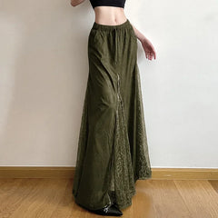 Low Waist A- Line Skirt Vintage Green Lace Patchwork Floor Length Heavy Zipper Half Body Skirt Romantic Green Wilderness Fairy T