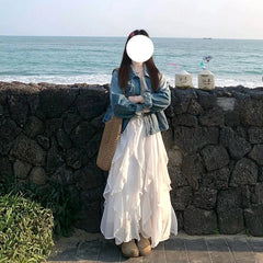 Deeptown Sweet Elegant White Long Skirt Fairycore Korean Style Lace Ruffle Skirt Asymmetrical Retro Street Layered Skirts