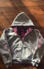 Y2K Vintage Cherry Blossom Embroidery Zipper Hoodie Harajuku Loose Reversible Simple Grid Jacket Pink Coat Streetwear