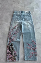 Cherry Blossom Knight All Embroidery Denim Pants Y2k Vintage Baggy Street Straight Jeans High Waisted Washed Blue Jean