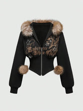 Warm Gothic Print Hoodie Faux Fur Crop Top Zip-Up Sweatshirt Y2K Streetwear Hooded Jacket New