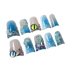 10pcs Gradient Blue Fake Nails Glossy Cat's Eye 3D Flower Shiny Diamond Press On Nail Blush Duckbill Handmade False Nail
