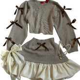 Trend Y2k Knitted Splicing Two Piece Set Bow Long Sleeve Knitted Slimming Top Mini Pleated Skirt Set